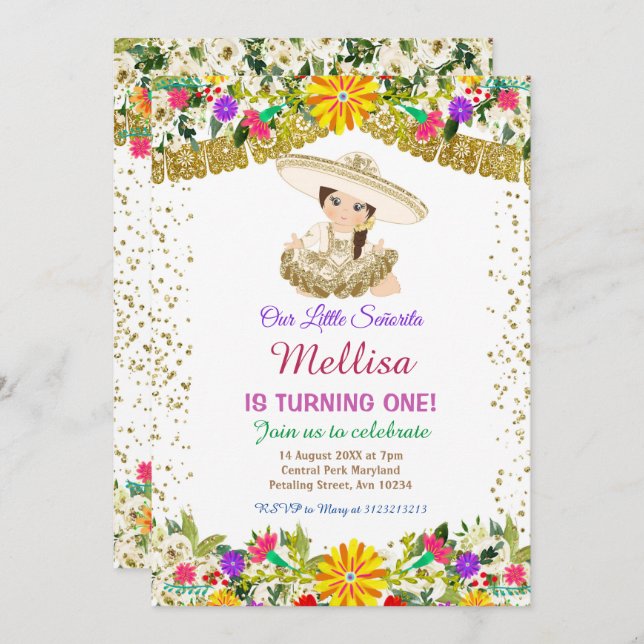 Invitation Fleurs mexicaines avec Parties scintillant or Anni (Devant / Derrière)