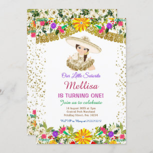 Invitation Fleurs mexicaines avec Parties scintillant or Anni