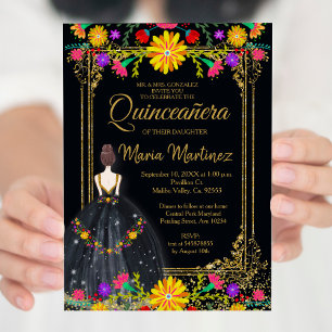 Invitation Fleurs mexicaines avec Quinceañera Noir Or