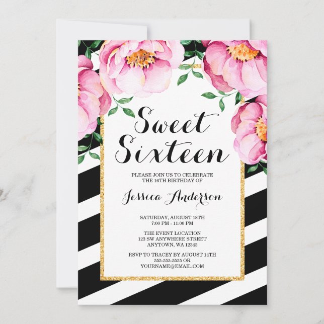 Invitation Fleurs Modernes Aquarelle Rayures Sweet 16 (Devant)