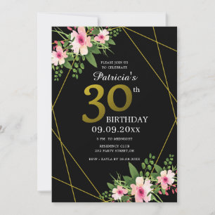 Invitation Fleurs modernes noir et or 30ème anniversaire