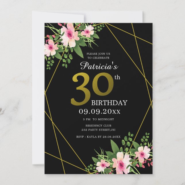 Invitation Fleurs modernes noir et or 30ème anniversaire (Devant)