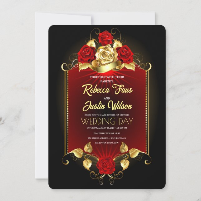 Invitation Fleurs modernes rouge or Boho (Devant)