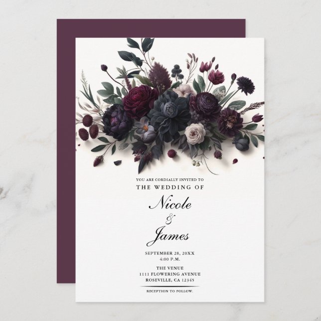 Invitation Fleurs Moody Élégant Mariage Floral (Devant / Derrière)