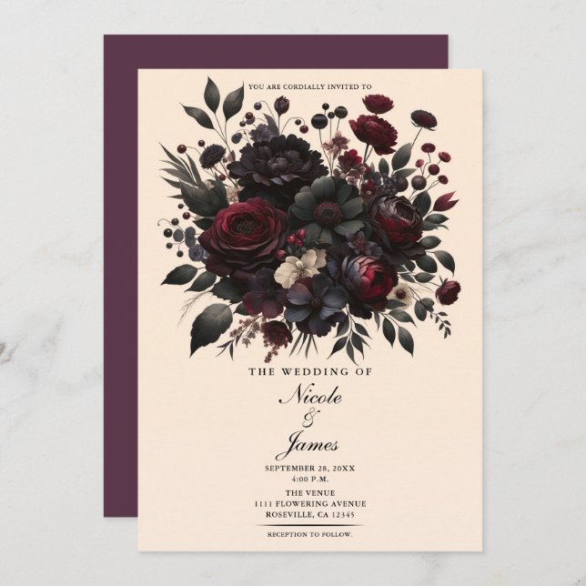 Invitation Fleurs Moody foncé Élégant Mariage à la crème flor (Devant / Derrière)