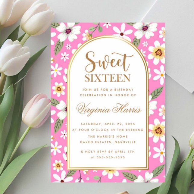 Invitation Fleurs Motif Sweet sixteen rose 16 Anniversaire (Créateur téléchargé)