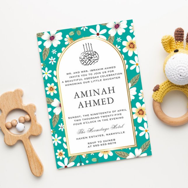 Invitation Fleurs Motif Vert islamique Aqiqa Aqeeqa Baby (Créateur téléchargé)