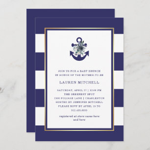 Invitation Fleurs nautiques   Navy Blue Floral Baby Brunch