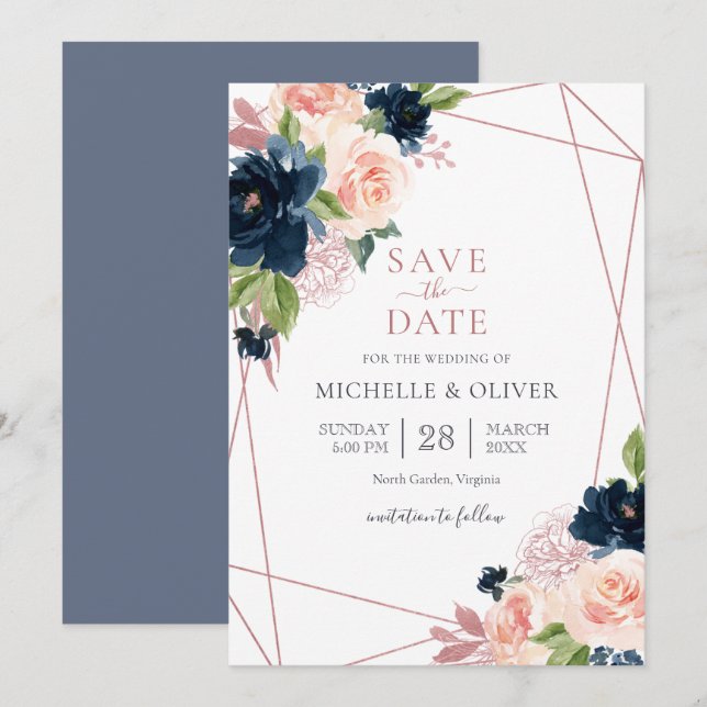 Invitation Fleurs Navy et Blush Géométrique Enregistrer la Da (Devant / Derrière)