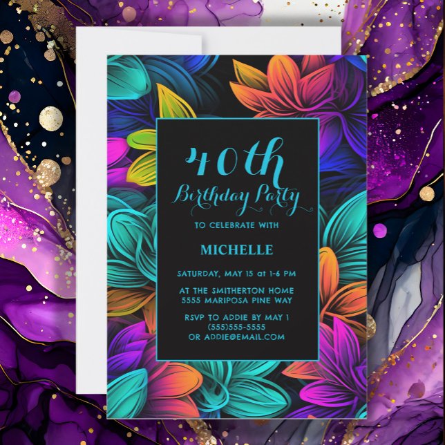 Invitation Fleurs néon orange sarcelle violet 40e anniversair (Neon purple, yellow, and teal 40th birthday party invitation
)