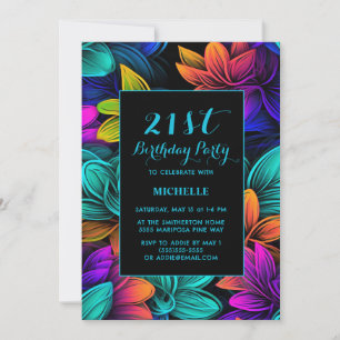 Invitation Fleurs néon orange sarcelle violet pour un anniver