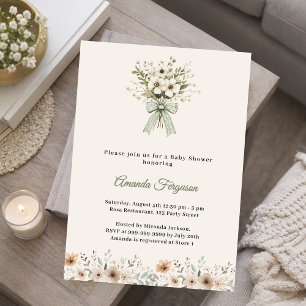 Invitation Fleurs neutres vert ivoire Baby Shower été