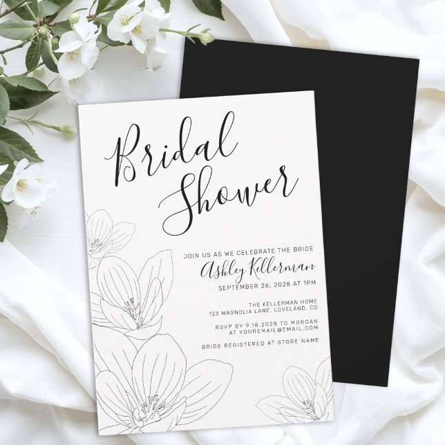 Invitation Fleurs Noir Blanc Baby Shower de Mariée (Elegant Floral Black White Bridal Shower Invitation)