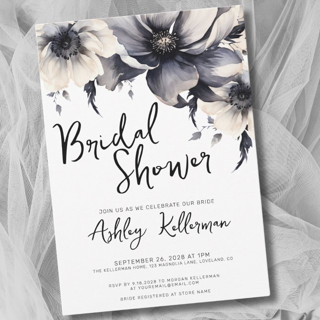 Invitation Fleurs Noir Blanc Baby Shower de Mariée (Boho Elegant Floral Black White Bridal Shower Invitation)