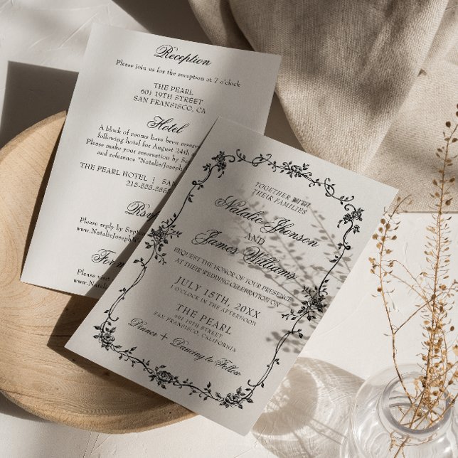Invitation Fleurs Noir Blanc Botanique Tout En Un Mariage (Créateur téléchargé)