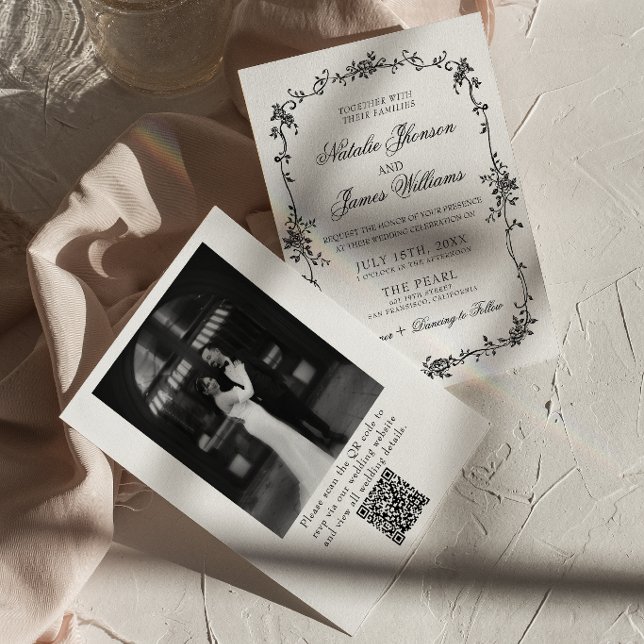 Invitation Fleurs Noir Blanc Code QR Botanique Photo Mariage (Créateur téléchargé)
