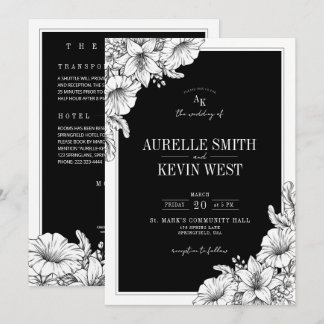 Invitation Fleurs Noir Blanc Détails Rustique QR Mariage