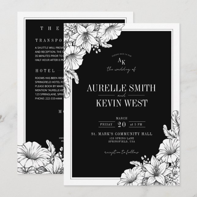 Invitation Fleurs Noir Blanc Détails Rustique QR Mariage  (Devant / Derrière)