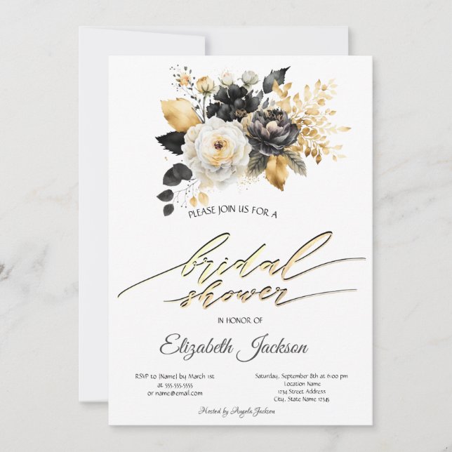Invitation Fleurs Noires Blanches Dorées Baby Shower de Marié (Devant)