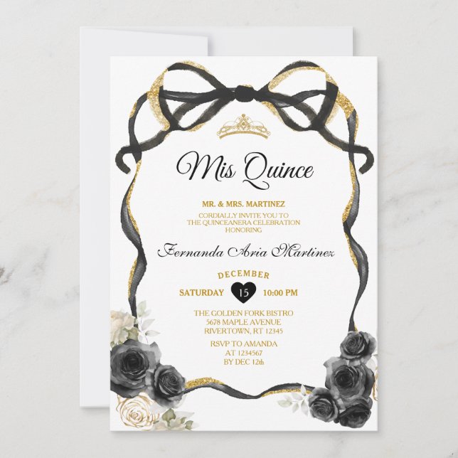 Invitation Fleurs noires Bow Ruban Or Couronne Mis Quince (Devant)