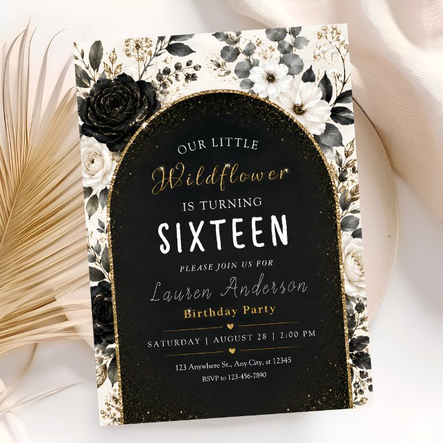Invitation Fleurs noires chic or 16e anniversaire (Créateur téléchargé)
