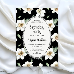 Invitation Fleurs noires et blanches anniversaire