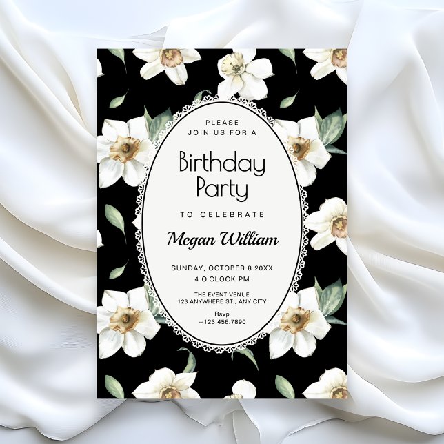 Invitation Fleurs noires et blanches anniversaire (Créateur téléchargé)