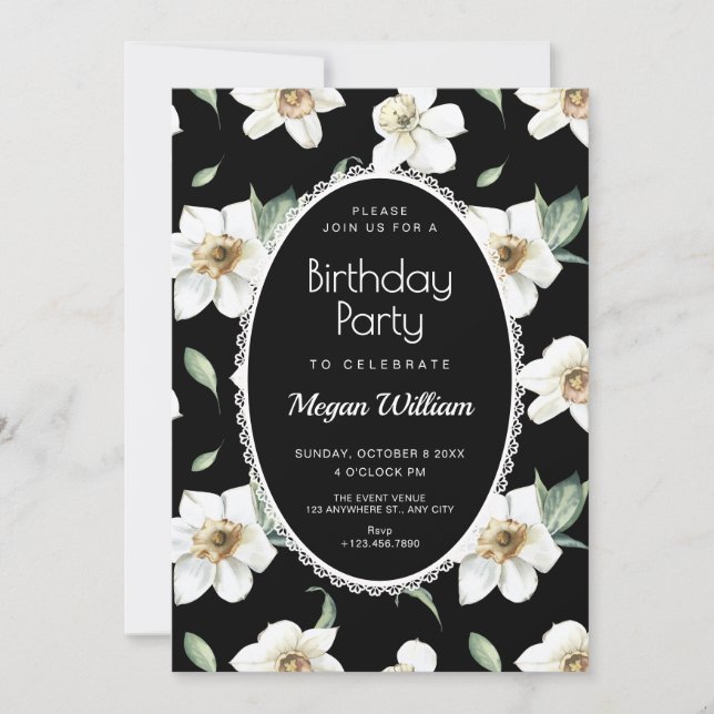 Invitation Fleurs noires et blanches anniversaire (Devant)
