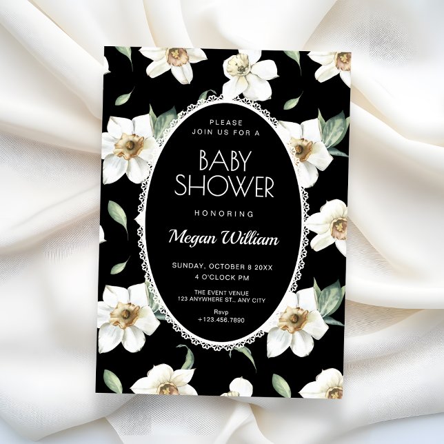 Invitation Fleurs noires et blanches baby shower (Créateur téléchargé)