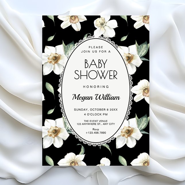 Invitation Fleurs noires et blanches baby shower (Créateur téléchargé)