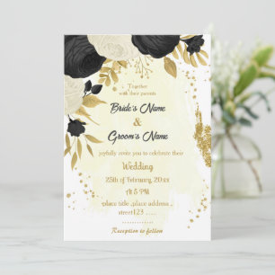 Invitation fleurs noires et blanches or mariage