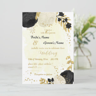 Invitation fleurs noires et blanches or mariage