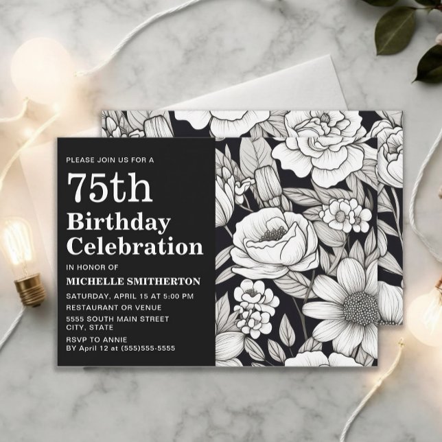 Invitation Fleurs noires et blanches pour les 75 ans d'une fe (Black and white 75th birthday party invitation)