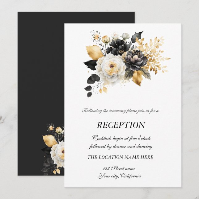 Invitation Fleurs noires et blanches sur fond or (Devant / Derrière)