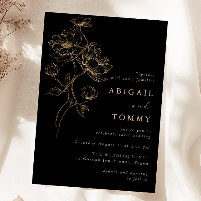 Invitation Fleurs noires et dorées Mariage classique moderne (Créateur téléchargé)