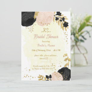 Invitation fleurs noires et roses or douche nuptiale
