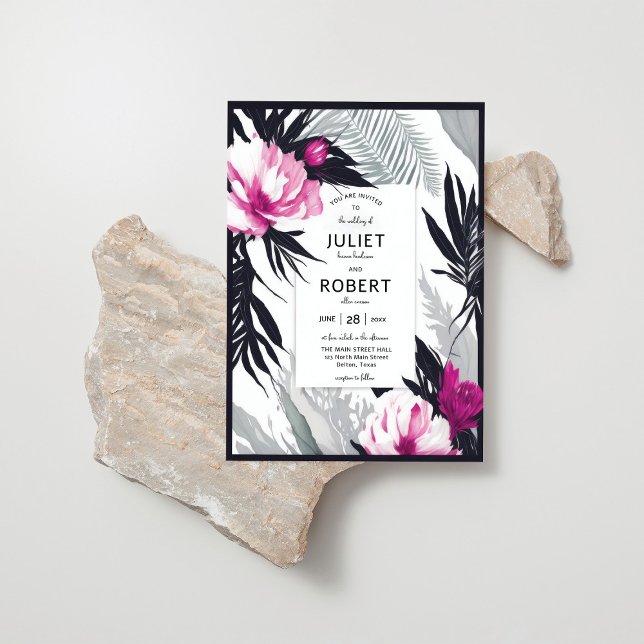 Invitation Fleurs noires roses tropicales Mariage feuille de  (Créateur téléchargé)