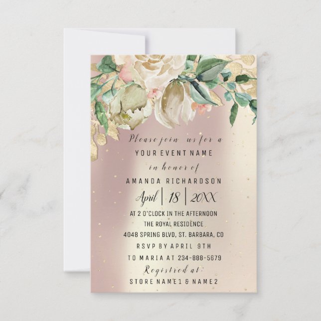 Invitation Fleurs nuptiales or Monnaie Rose or Blush (Devant)