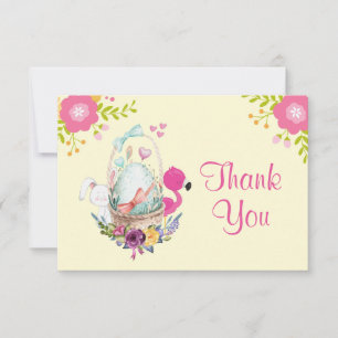 Invitation Fleurs, Oeuf, Flamant rose et lapin aquarelle Merc