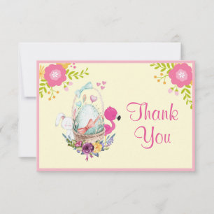 Invitation Fleurs, Oeuf, Flamant rose et lapin aquarelle Merc