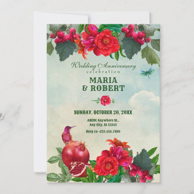 Invitation Fleurs Oiseau Rétro Anniversaire de mariage vintag (Devant)