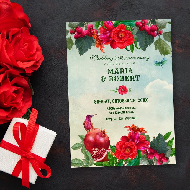 Invitation Fleurs Oiseau Rétro Vintage mariage anniversaire (Créateur téléchargé)