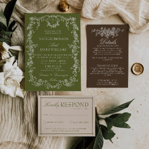 Invitation Fleurs Olive Vert Marron Jardin Monogramme Mariage