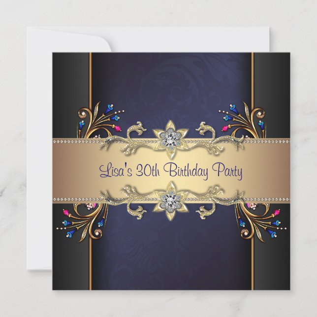 Invitation Fleurs Or Bleu Marine 30 Ans Femme (Devant)