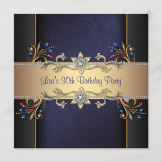 Invitation Fleurs Or Bleu Marine 30 Ans Femme