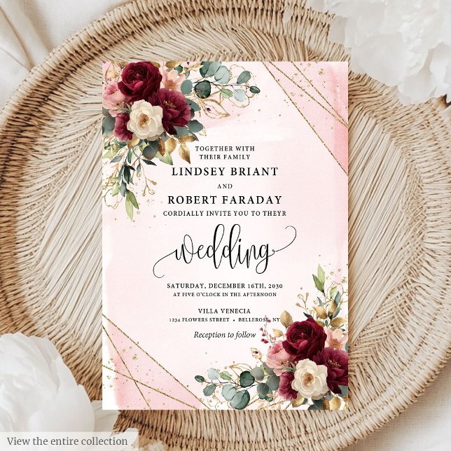Invitation Fleurs or Boho Deep Red Blush élégant Boho (Stylish Boho Deep Red Blush Gold Flowers Elegant Invitation)