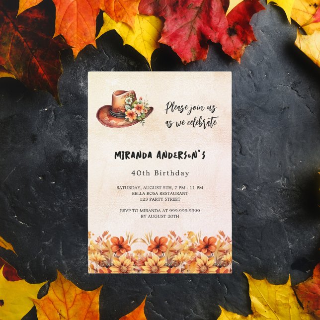 Invitation Fleurs orange d'anniversaire chute cowgirl luxe ca (Créateur téléchargé)