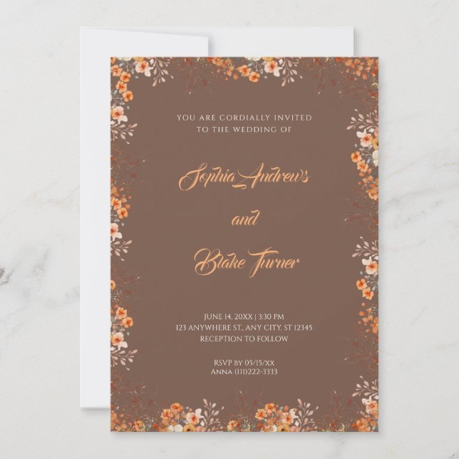 Invitation Fleurs orange délicates Joli Mariage Brown (Devant)