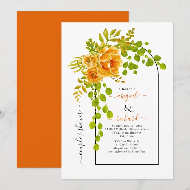 Invitation Fleurs orange et arche mariage couple douche (Devant / Derrière)