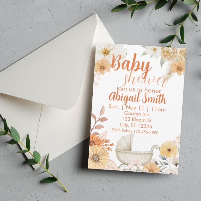 Invitation Fleurs orange et blanc, Baby Shower Carrosse (Créateur téléchargé)